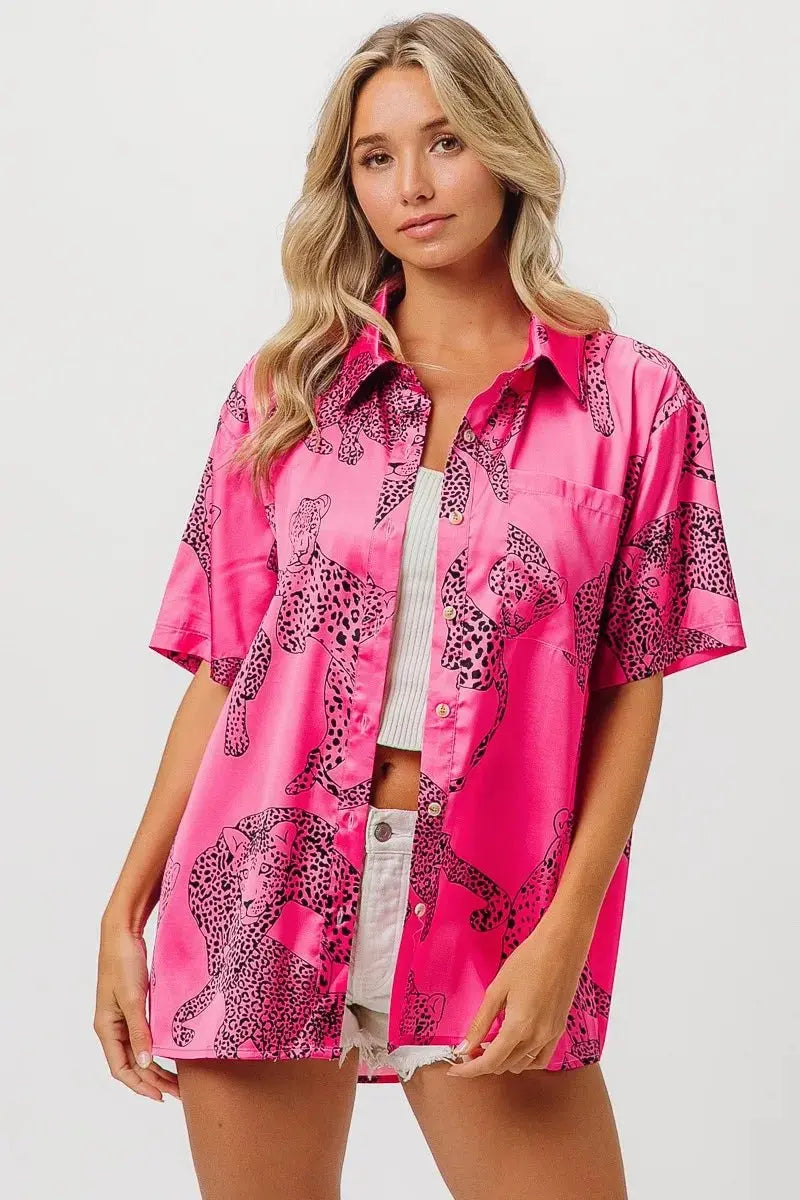 BiBi Leopard Print Short Sleeve Silky Satin Shirt Top - Love Salve